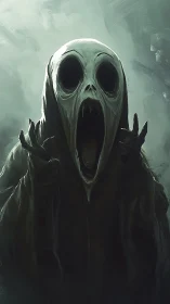 Hooded spectral figure with gaping mouth in misty gloom.