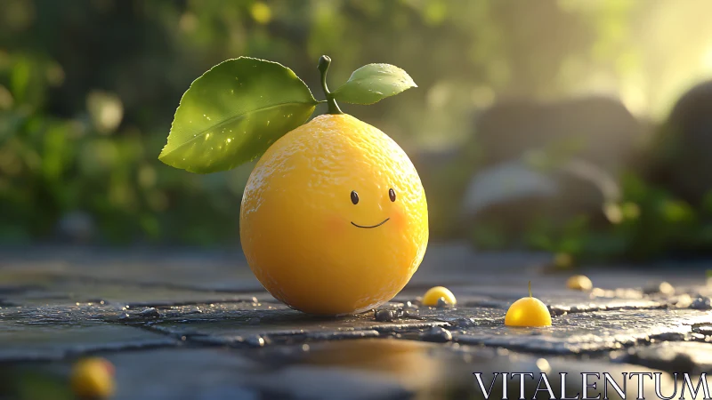 Smiling cartoon lemon on wet stone surface outdoors.