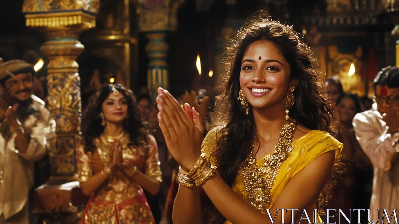 Smiling woman in gold saree applauds during festive celebration