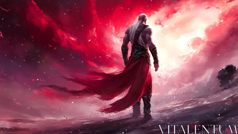 Armored warrior in red cloak amid luminous crimson storm