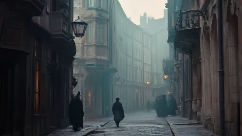 Victorian fogbound alley rendered in cinematic photoreal detail