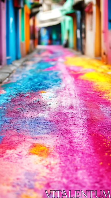Color-soaked alleyway glows with vibrant festival pigments.
