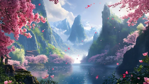 Digital painting of sakura valley with alpine lake panorama.