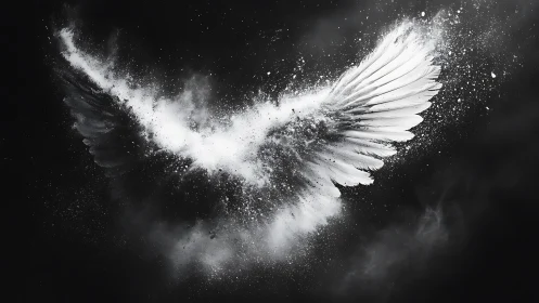 Exploding white wings in dark monochrome dust storm.