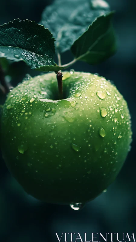 Macro study of dew covered green apple with foliage bokeh