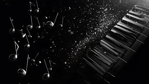 Monochrome piano keyboard with floating musical notation.