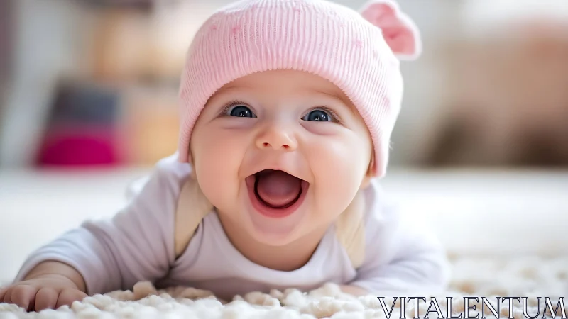 Infant wearing pink knit hat lies on soft textured surface