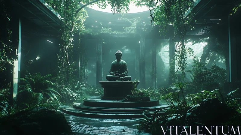 Meditative bronze figure in overgrown atrium lightwell.