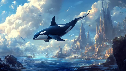 Majestic sky orca gliding over luminous fantasy seascape.