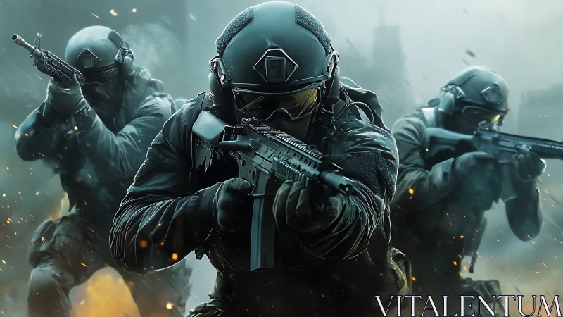 Tactical assault squad in dynamic 3D combat composition.