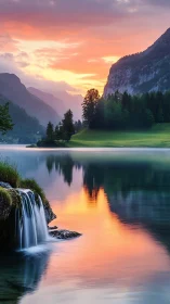 Mountain lake waterfall glows beneath tranquil pastel sunset.