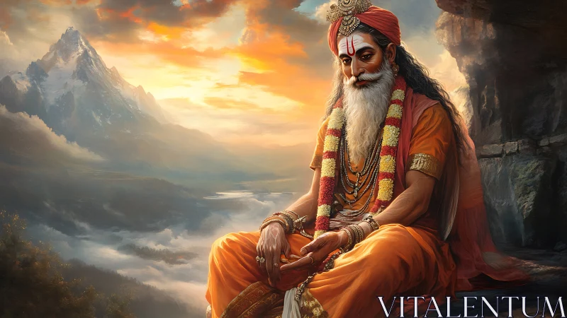 Seated Hindu ascetic in orange robes before mountain landscape.