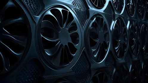 Sleek industrial fan wall in futuristic, dark metallic style.