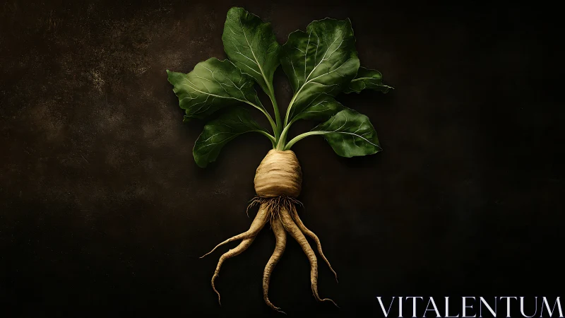 Curly root vegetable stretches out against a dark backdrop