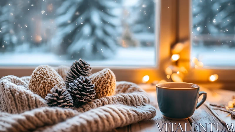 Gentle winter morning wraps cozy knits, pinecones and warm tea