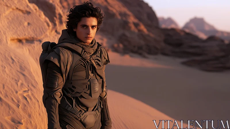 Photorealistic desert wanderer in tactical survival suit.