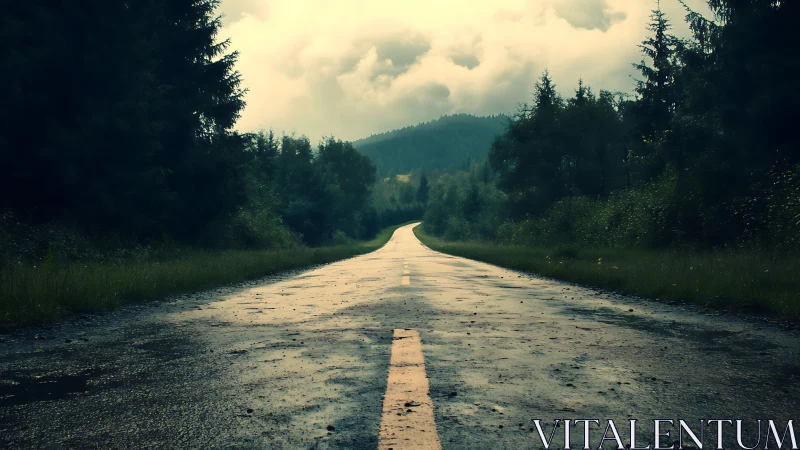 Receding Rural Roadway Through Coniferous Forest Landscape