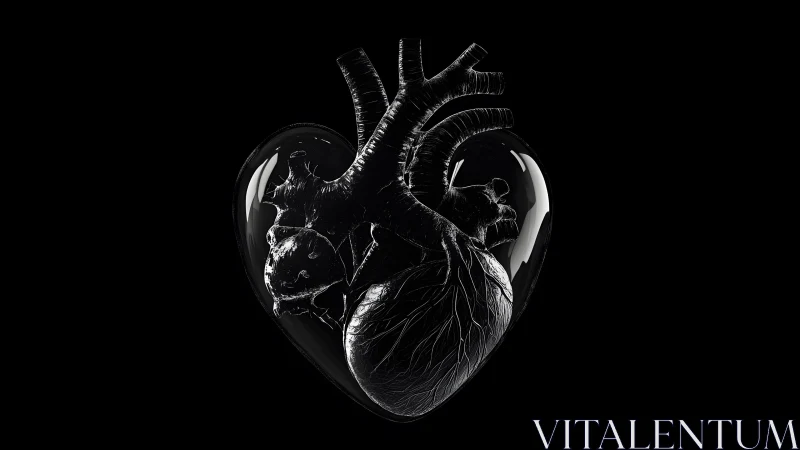 Anatomical Heart in Glossy Black Heart Shape, Surreal Digital Art.