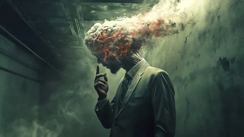Suit-wearing figure with exposed brain emitting smoke in hall.