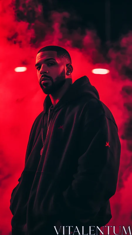 Man in dark hoodie stands in dense red fog at night