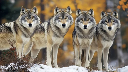 Curious wolf pack standing together in a golden autumn forest.