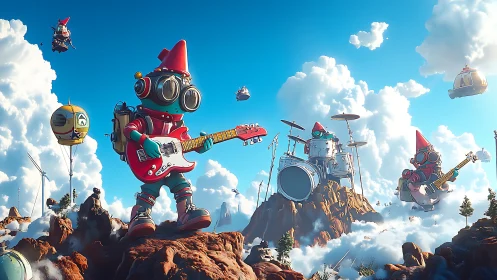 Goggle-clad gnome rock band on floating cloud peaks.