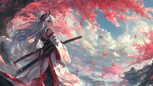 Samurai heroine under storm of cherry blossoms at shore.