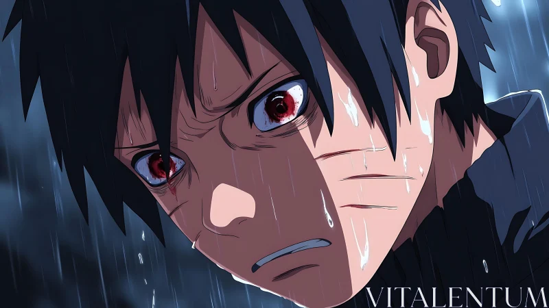 Anime closeup of anguished boy crying in heavy rain.