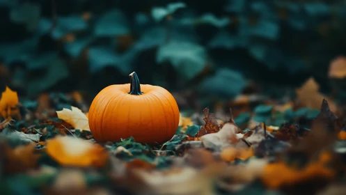 Bright pumpkin rests softly in a calm autumn forest floor