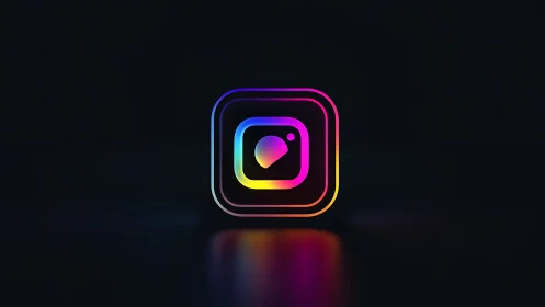 Neon gradient camera app icon on dark reflective background.