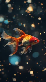 Vibrant goldfish gliding through glowing bokeh depths.
