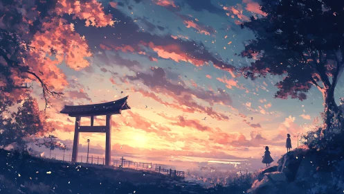 Torii gate landscape with distant figures at sunset sky.