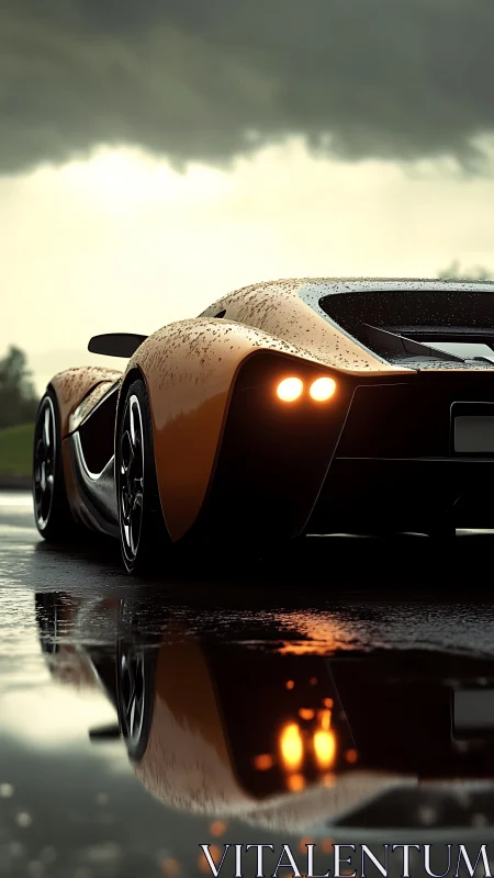Orange hypercar rear view on wet track with moody clouds.