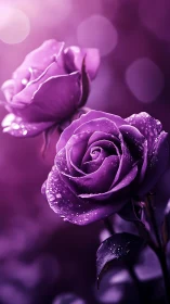 Purple Rose Blooms with Dew Droplets Against Bokeh Background