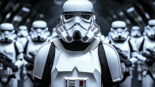 Helmeted legion stands in chrome corridors of command.