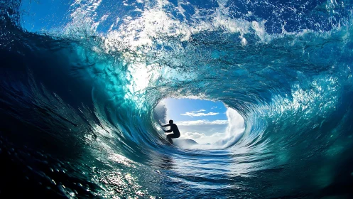 Riding the sapphire tunnel of a sunlit curling wave.