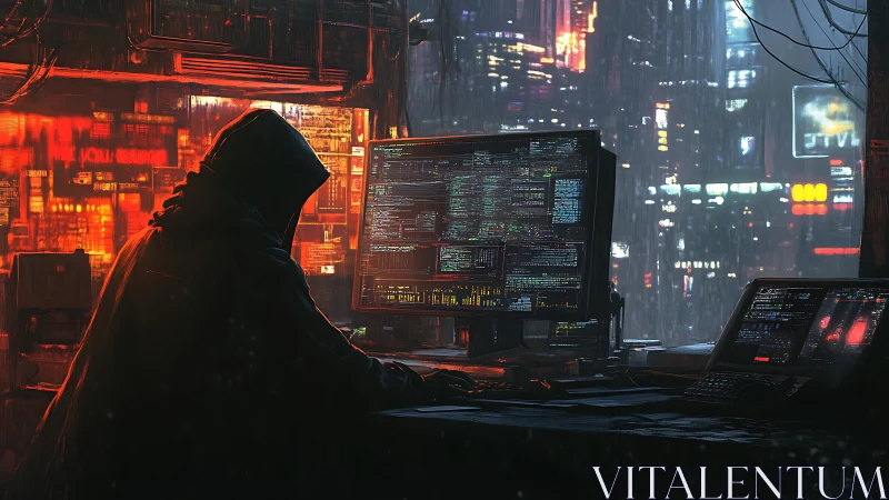 Midnight coder at a neon-lit desk in a rainy future city.