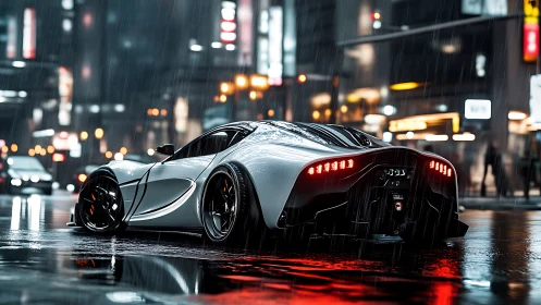 Futuristic white hypercar parked on wet neon city street at night