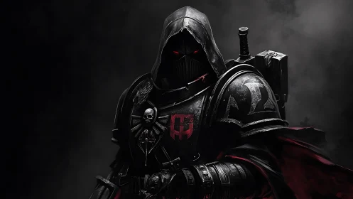 Armored hooded warrior in dark setting with red accents.