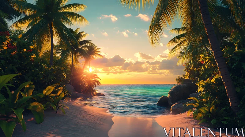 Tropical Sunset Through Palm Grove Framing Turquoise Waters