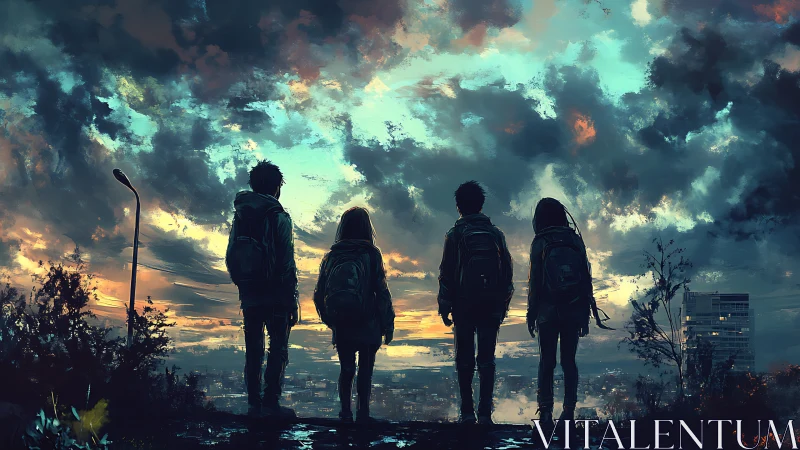 Four dusk-bound wanderers watch a storm-painted cityscape.
