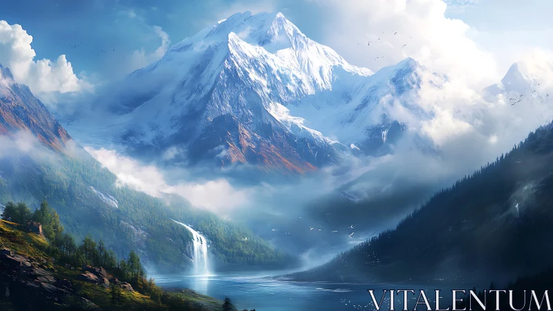 Misty mountain valley with waterfall and tranquil blue lake.