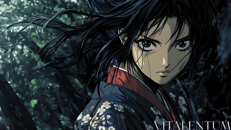 Samurai heroine in stormlit forest, dynamic cel-shaded gaze.