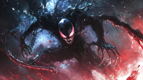 Dark alien monster lunging in chaotic cosmic battle scene.