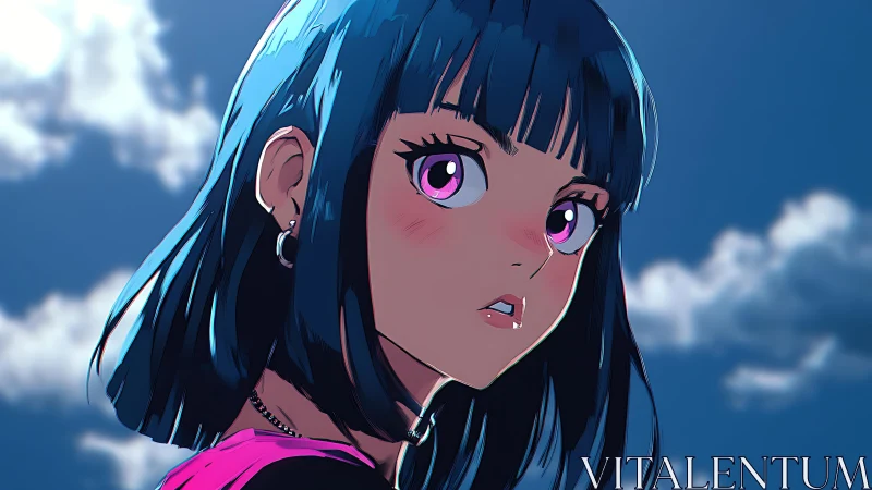 Cel-shaded anime portrait under high-contrast daylight sky.