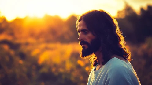 Bearded man in robe standing in sunset lit meadow profile.