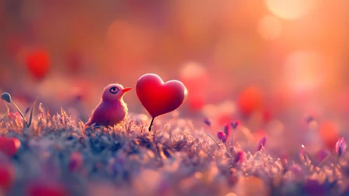 Tiny songbird clutches crimson heart amid golden grassland reverie