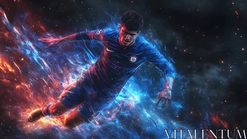 Storm-forged footballer dives through fire and starlit ice.