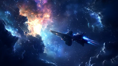 Sleek starship crossing colorful nebula in deep space.