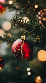 Glowing crimson bauble quietly conducts the tree lights